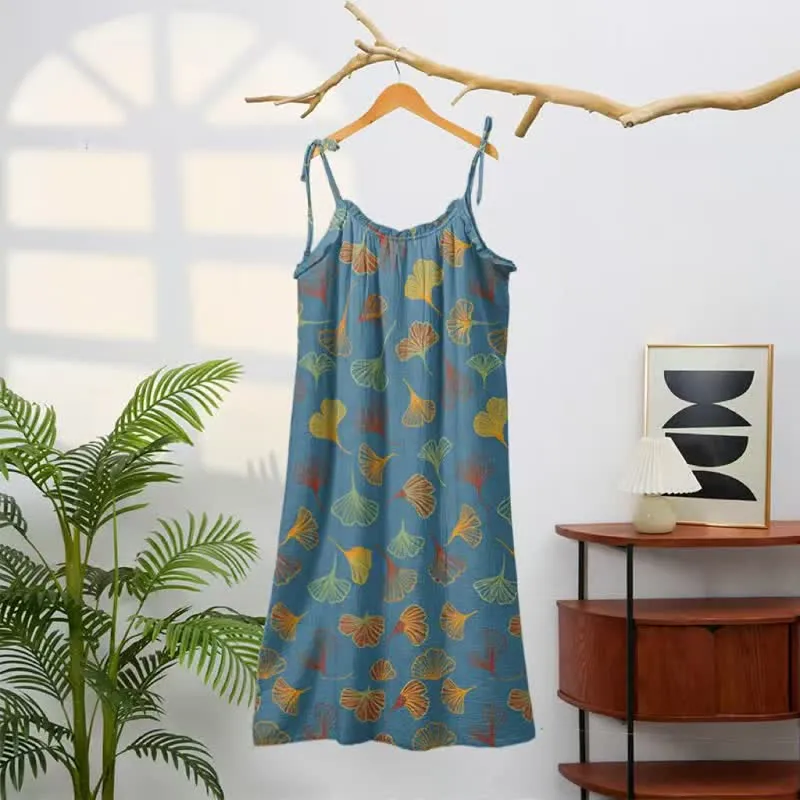 Ginkgo Leaf Tie Strap Lounge Midi Dress