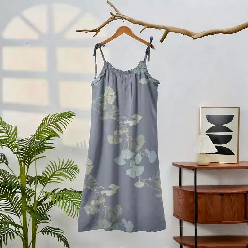 Ginkgo-Blatt-Baumwoll-Loungekleid mit Bindebändern