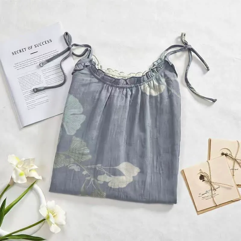 Ginkgo-Blatt-Baumwoll-Loungekleid mit Bindebändern
