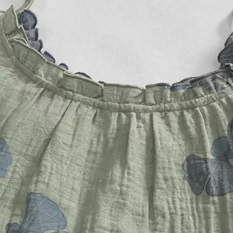 Ginkgo-Blatt-Baumwoll-Loungekleid mit Bindebändern