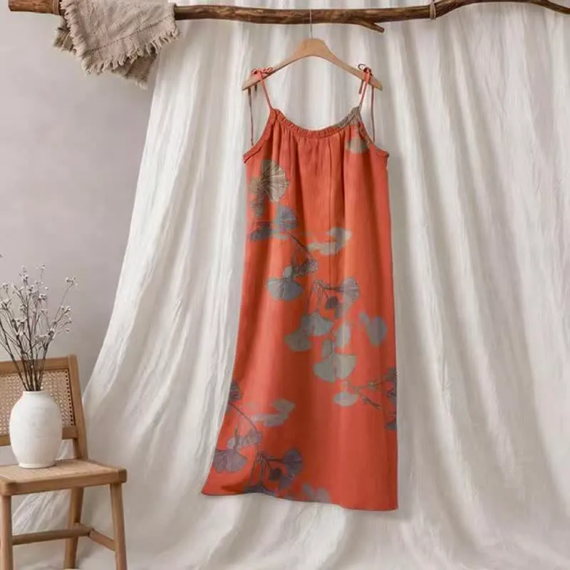 Ginkgo-Blatt-Baumwoll-Loungekleid mit Bindebändern