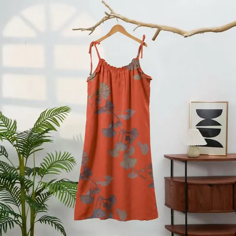 Ginkgo-Blatt-Baumwoll-Loungekleid mit Bindebändern
