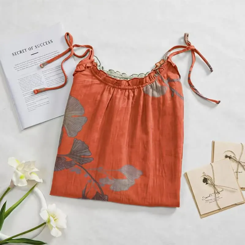 Ginkgo-Blatt-Baumwoll-Loungekleid mit Bindebändern