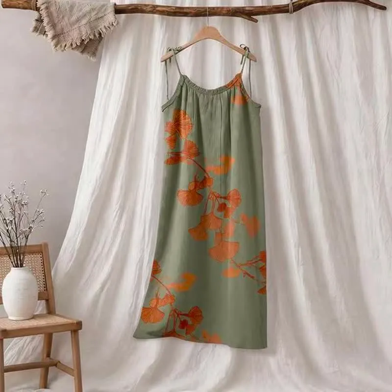 Ginkgo-Blatt-Baumwoll-Loungekleid mit Bindebändern