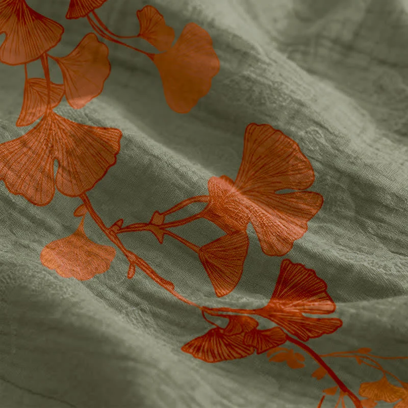 Ginkgo-Blatt-Baumwoll-Loungekleid mit Bindebändern