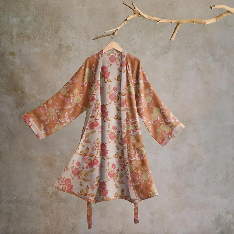 Kimono-Bademantel aus Baumwolle mit botanischem Granatapfelmuster