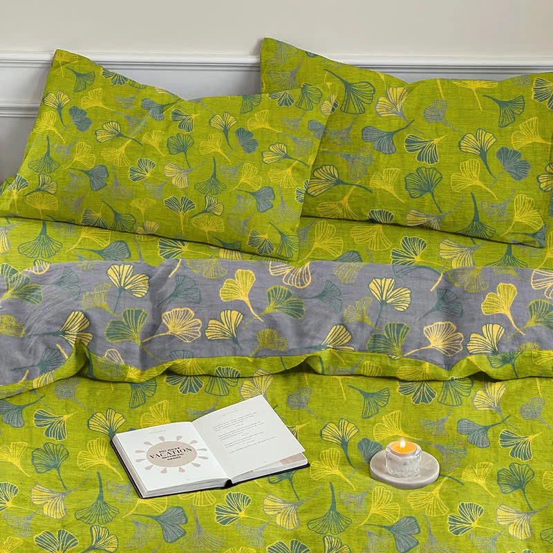 Vintage-Wendebettwäsche-Set aus Baumwolle mit grünem Ginkgoblatt