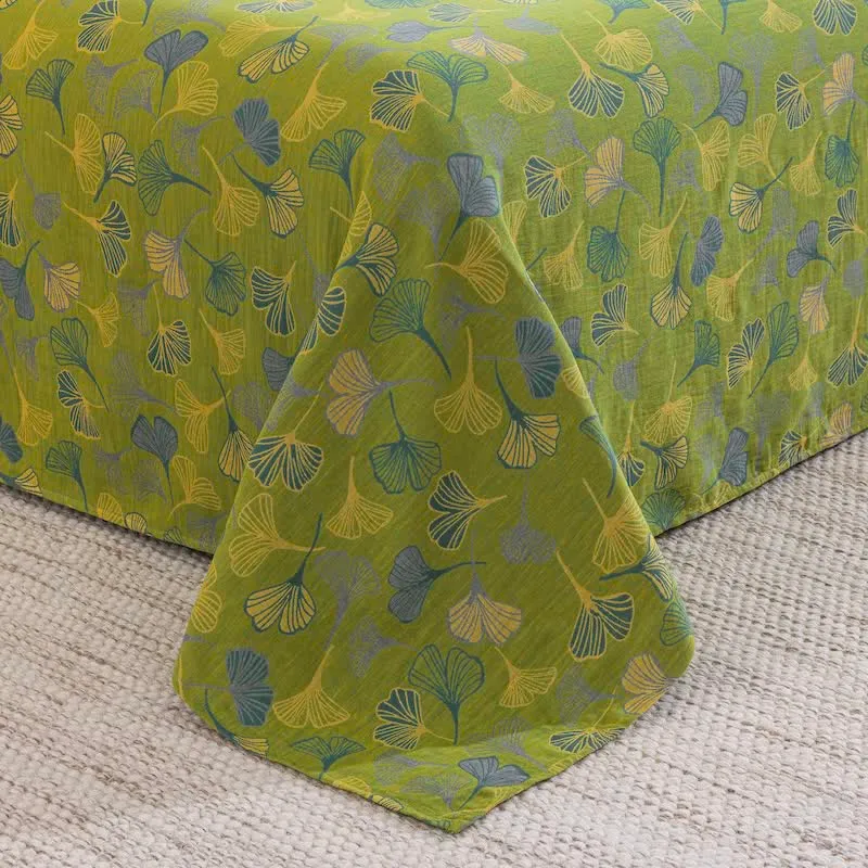Vintage-Wendebettwäsche-Set aus Baumwolle mit grünem Ginkgoblatt