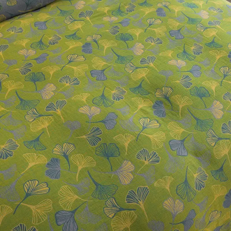 Vintage-Wendebettwäsche-Set aus Baumwolle mit grünem Ginkgoblatt