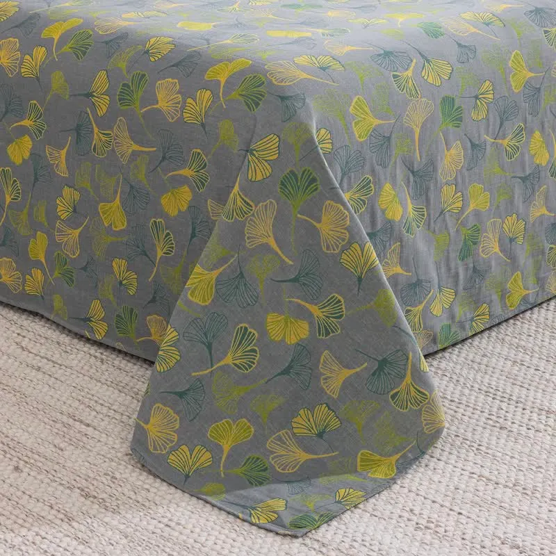 Vintage-Wendebettwäsche-Set aus Baumwolle mit grünem Ginkgoblatt