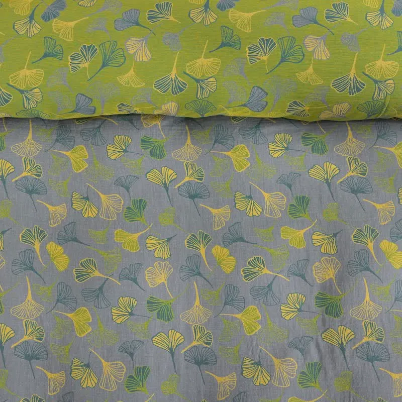Vintage-Wendebettwäsche-Set aus Baumwolle mit grünem Ginkgoblatt