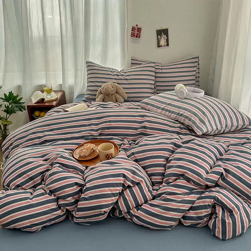 Minimalistisches, gestreiftes, weiches Bettwäsche-Set aus doppellagigem Gaze