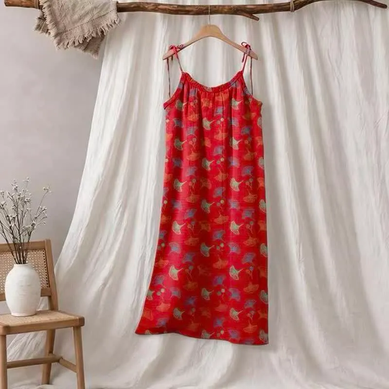 Loungekleid mit Ginkgo-Blumenmuster und Bindebändern
