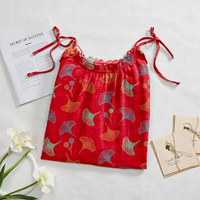 Loungekleid mit Ginkgo-Blumenmuster und Bindebändern