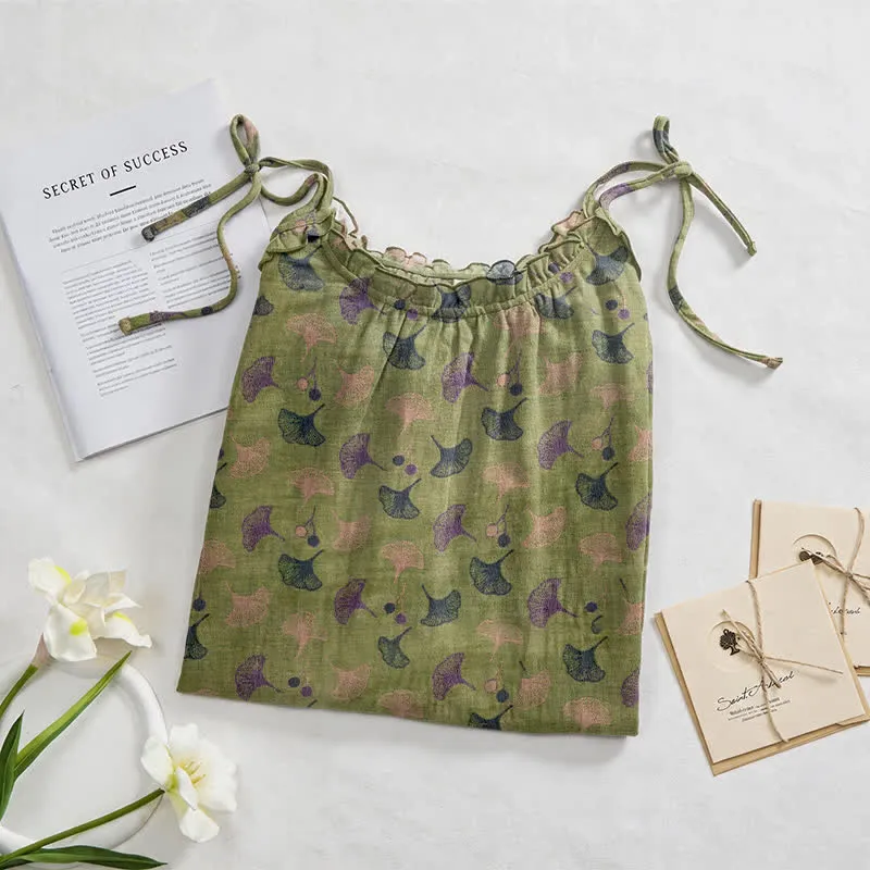 Loungekleid mit Ginkgo-Blumenmuster und Bindebändern