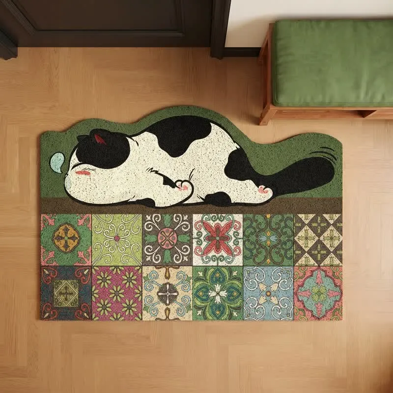 Eingangsbereich-Teppich mit schlafender Katze und Muschelkantenmuster