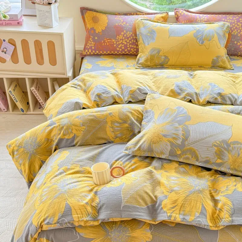 4-teiliges Bettwäscheset aus Baumwollgaze mit Blumenmuster
