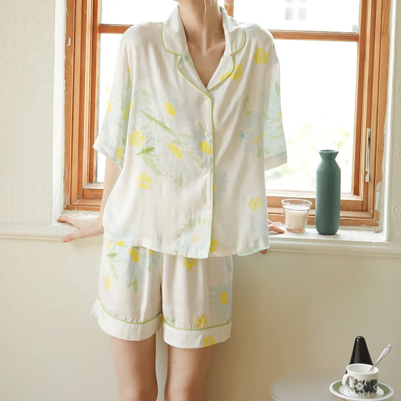 Pyjama-Shorts-Set mit Sonnenblumen-Minz-Kontrastbesatz