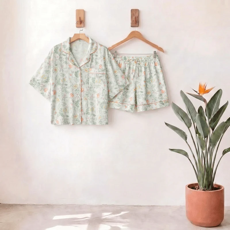 Französischer Satin-Kurzpyjama mit Blumenmuster für Sommernächte