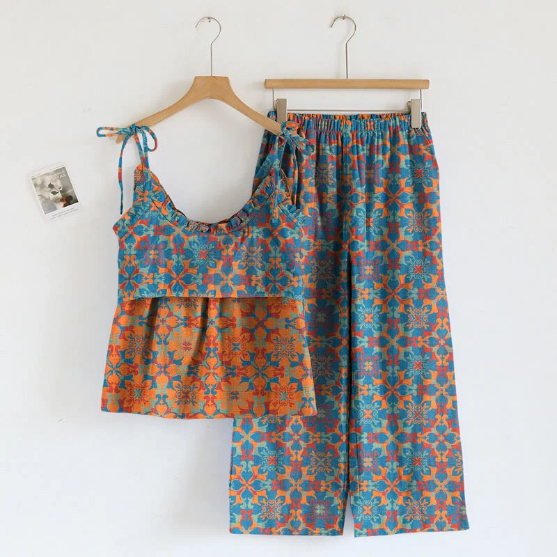 Boho-Pyjama-Set mit Blumenmuster und Bindeband