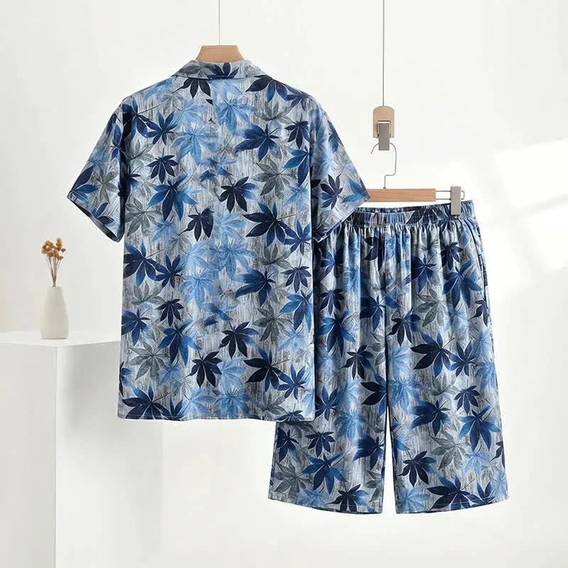 Unisex-Pyjama-Set mit blauem Blattmuster