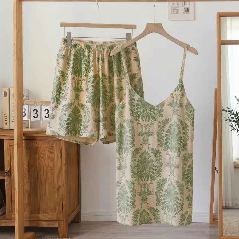 Ärmelloser Damenpyjama mit Vintage-Grünmuster