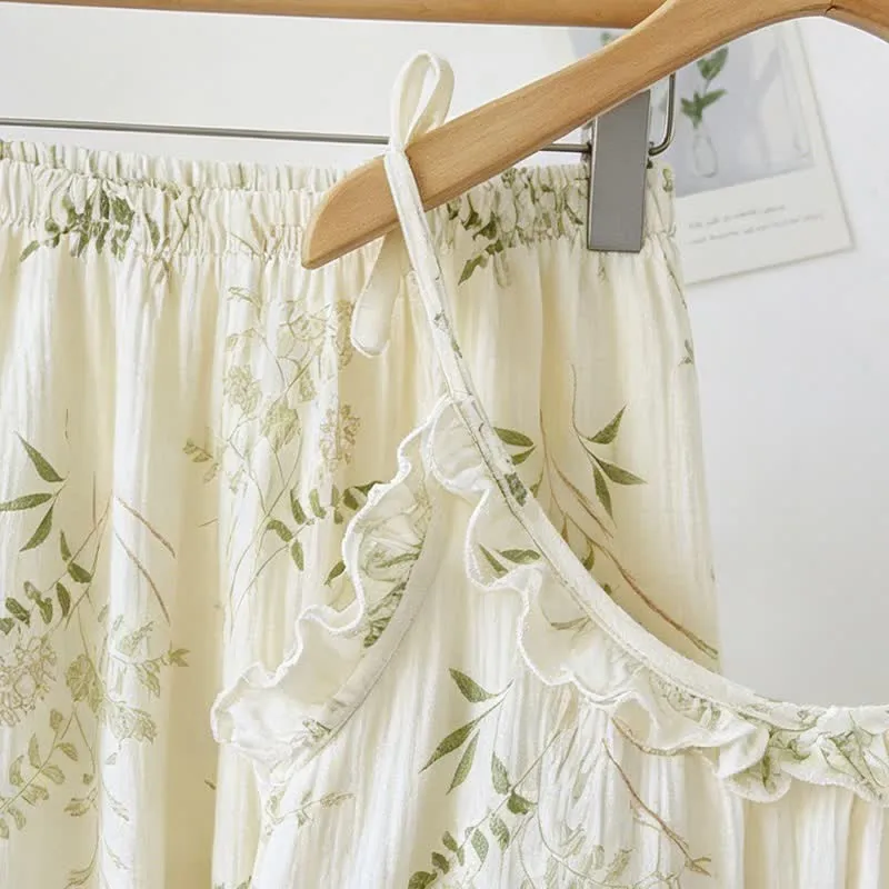 Baumwoll-Cami-Pyjama mit Rüschen und botanischem Blattmuster