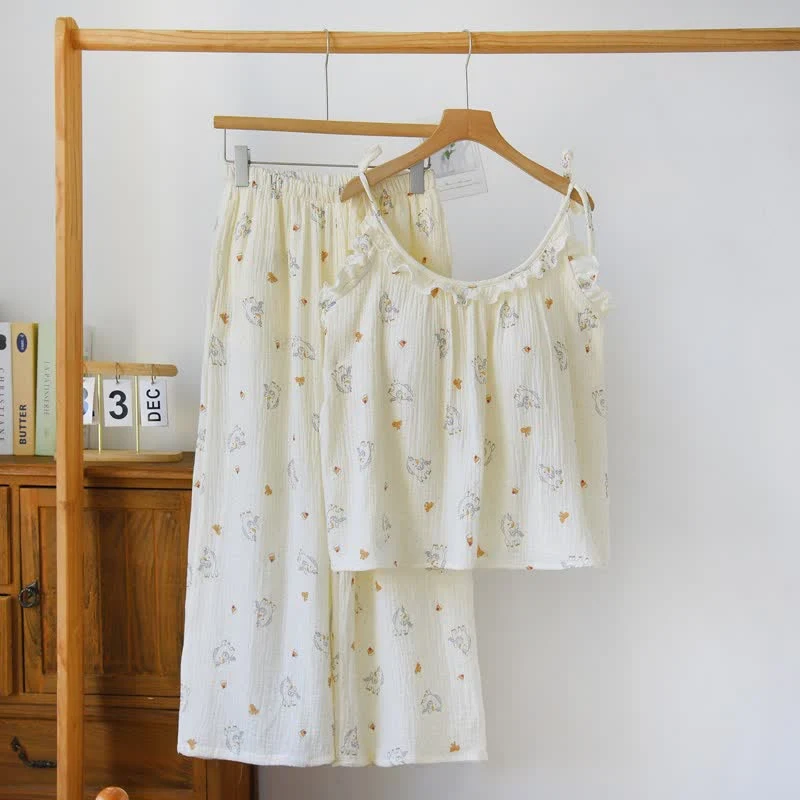 Rüschen-Pyjama aus Baumwollgaze mit Pferdemotiv