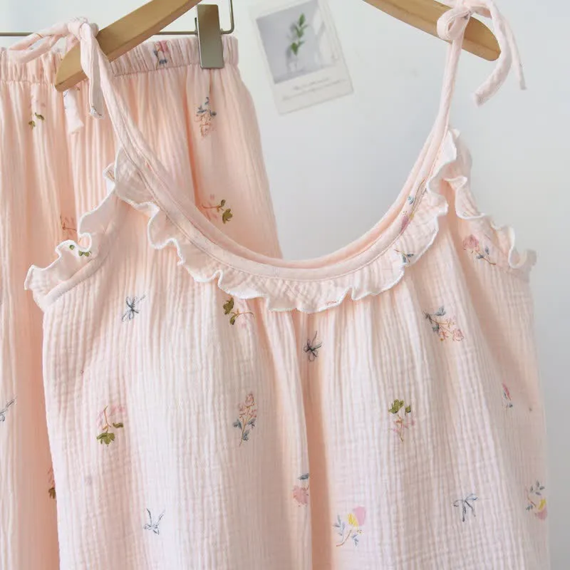 Rüschen-Baumwoll-Cami-Pyjama mit zartem Blumenmuster
