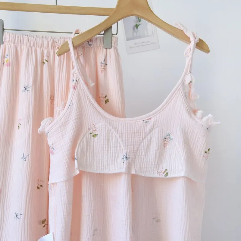 Rüschen-Baumwoll-Cami-Pyjama mit zartem Blumenmuster