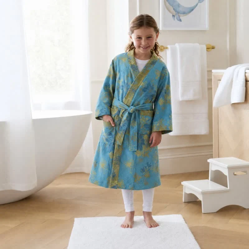 Blauer Baumwoll-Kimono-Bademantel mit Blumenmuster für Kinder