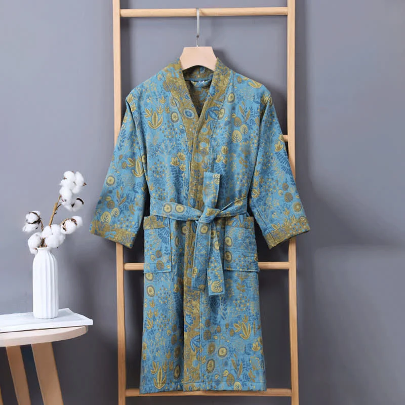 Blauer Baumwoll-Kimono-Bademantel mit Blumenmuster für Kinder