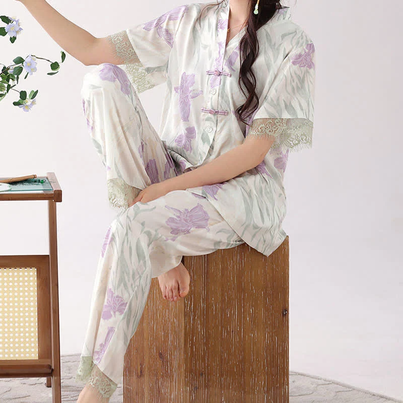 Loungewear-Set für Damen mit Blumenmuster und Stehkragen