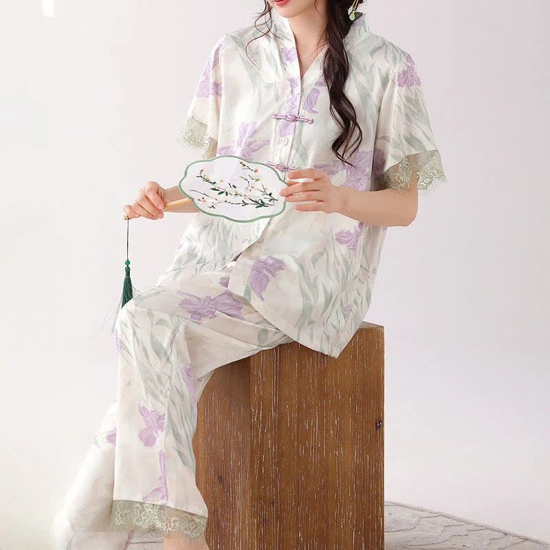 Loungewear-Set für Damen mit Blumenmuster und Stehkragen