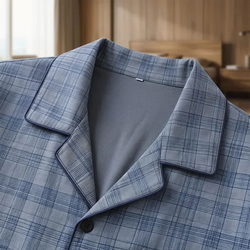 Loungewear-Set aus blau-grau karierter Baumwolle mit Knöpfen