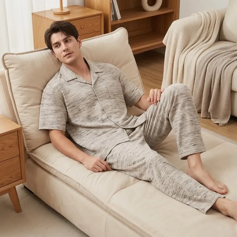 Loungewear-Set aus melierter Baumwolle mit Knöpfen