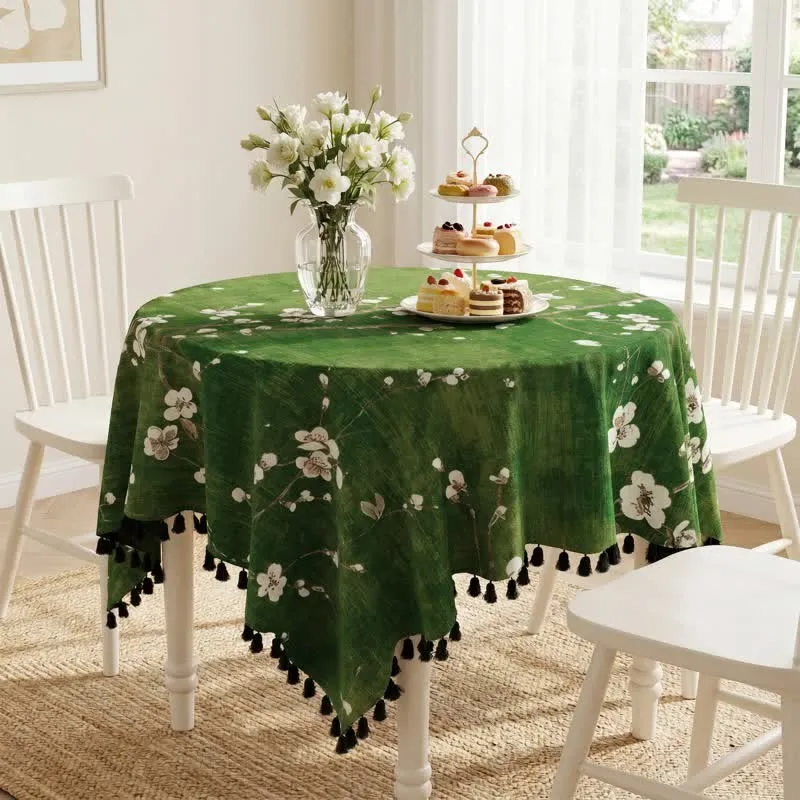 Vintage Tischdecke mit weißem Pflaumenblütenmuster und Quasten