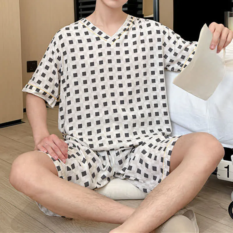 Unisex Mini-Karo-Pyjama-Set mit V-Ausschnitt