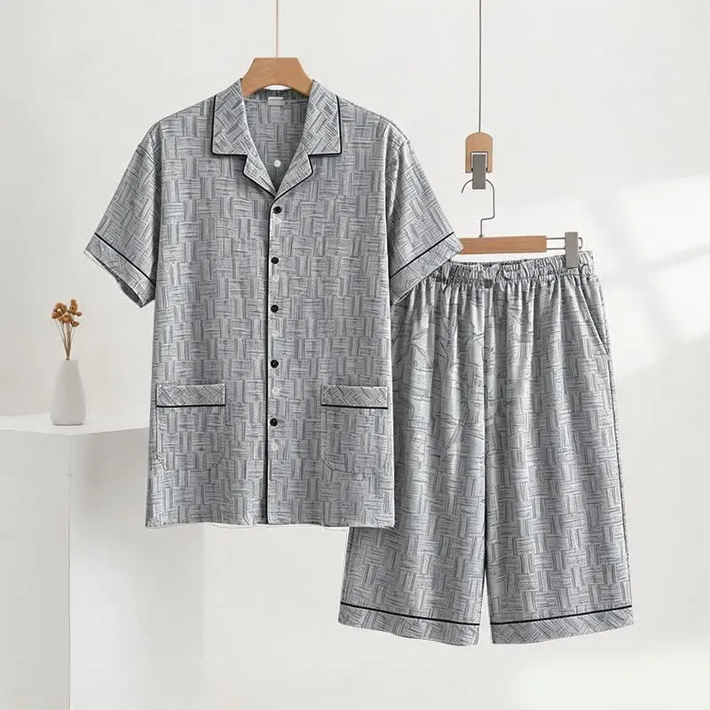 Grauer, abstrakter Baumwoll-Pyjama-Set