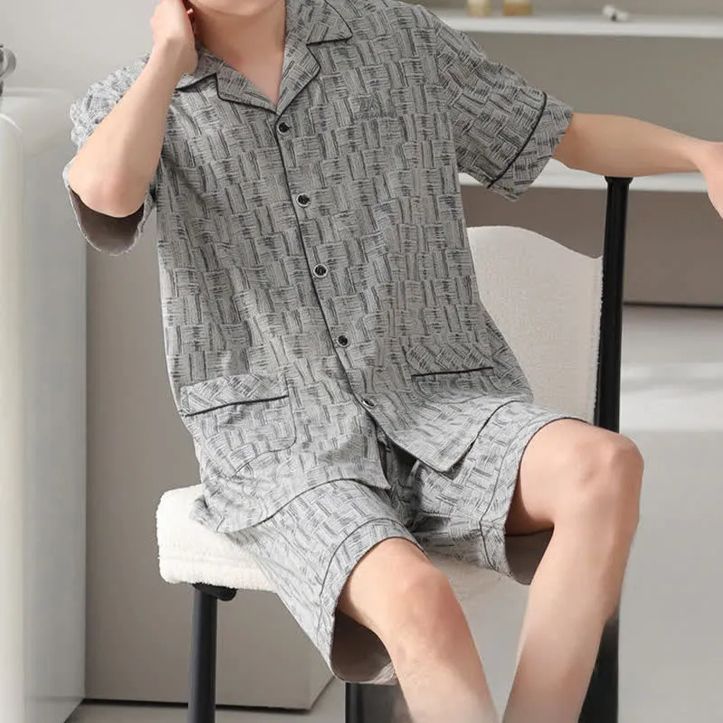 Grauer, abstrakter Baumwoll-Pyjama-Set