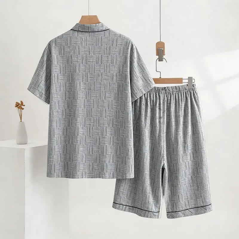 Grauer, abstrakter Baumwoll-Pyjama-Set