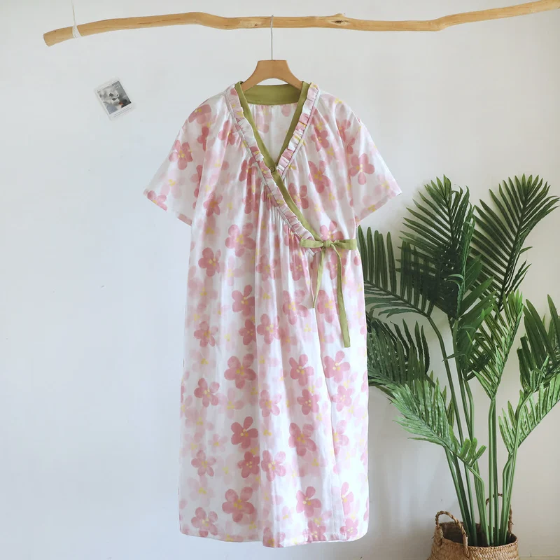 Sakura Blumenmuster Kimono-Nachthemd aus Baumwollgaze