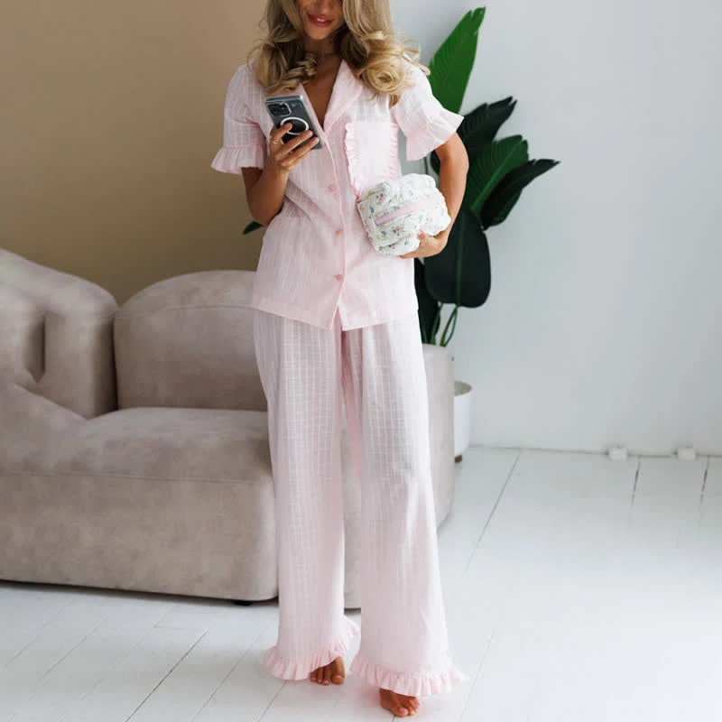 Rosa Baumwoll-Loungewear-Set mit Rüschen für Damen