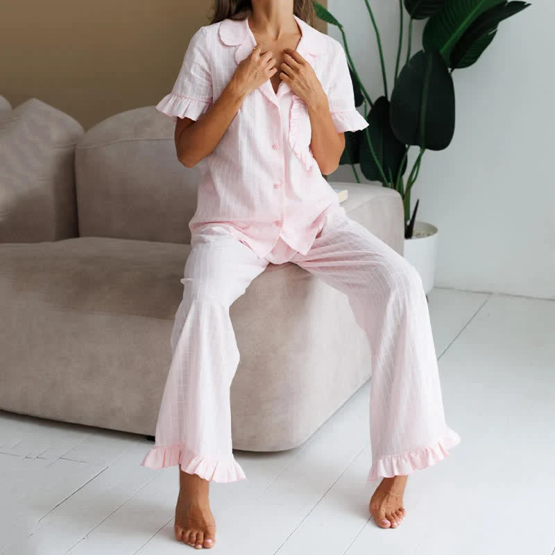 Rosa Baumwoll-Loungewear-Set mit Rüschen für Damen