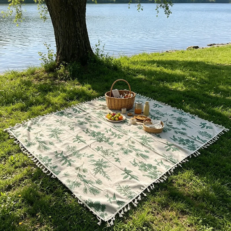 Picknickdecke mit Vintage-Waldmuster und Quasten