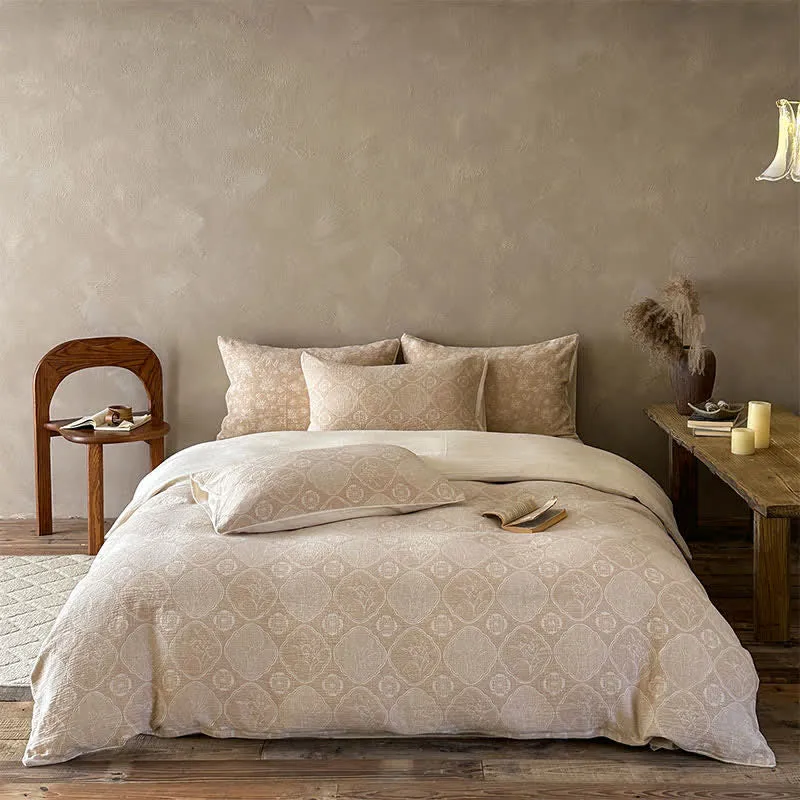 Bettwäsche-Set aus Baumwolle mit geometrischem Blumenmuster in Kamelfarbe und Jacquard-Design