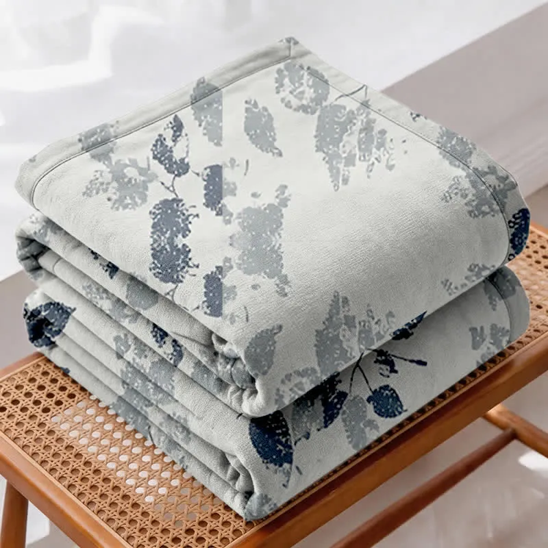Boho-Steppdecke aus Baumwollgaze mit Blättermuster