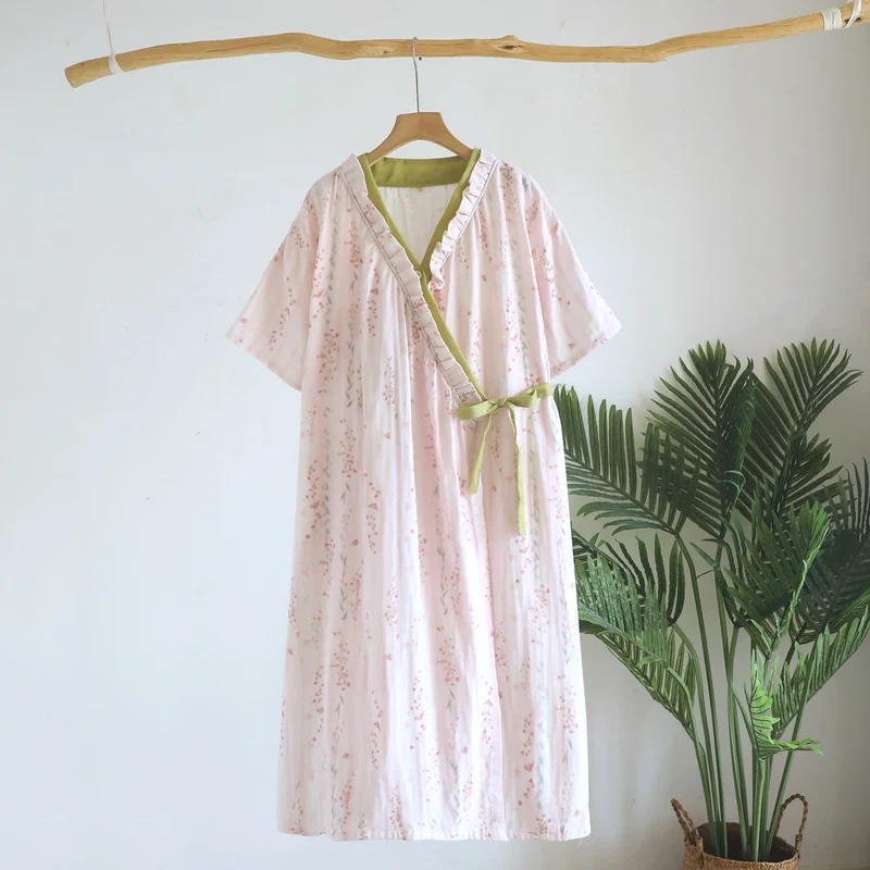 Kimono-Nachthemd/Loungewear aus geblümtem Baumwollgaze