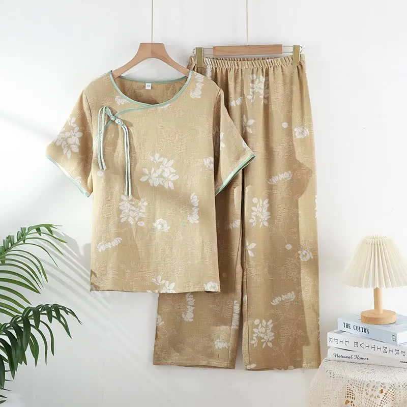 Loungewear-Set aus Baumwolle mit Blumenmuster und chinesischem Knoten