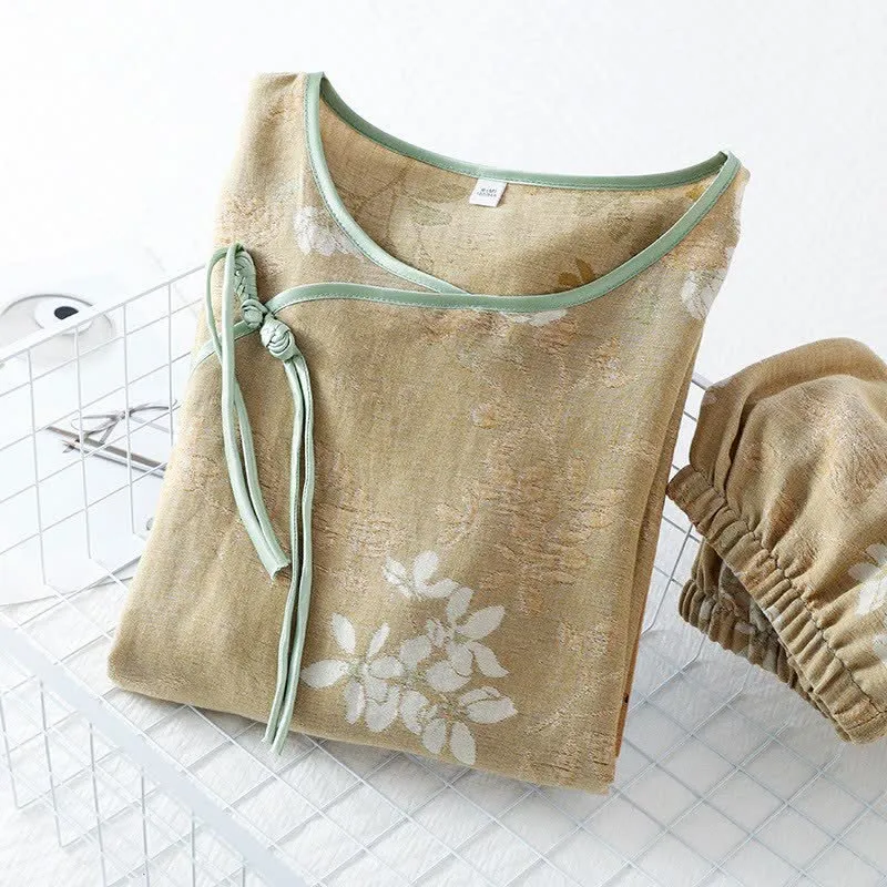 Loungewear-Set aus Baumwolle mit Blumenmuster und chinesischem Knoten